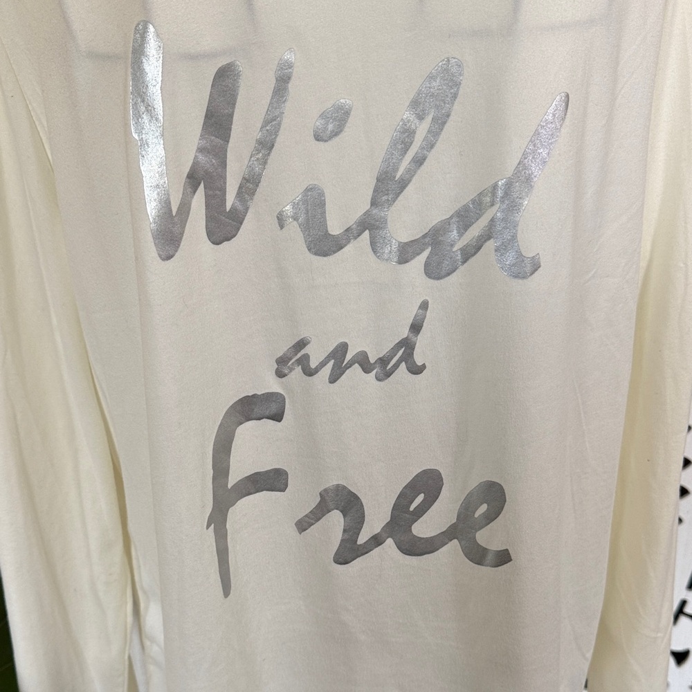White Long Sleeve Shirt with Metallic Silver Wild and Free EUC Cozy Lightweight